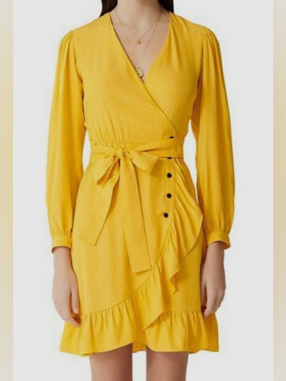 Maje Roseya yellow jacquard ruffled wrap dress